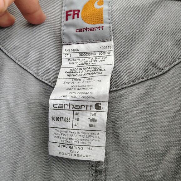 Carhartt FR Men 48 Tall Gray Coveralls Jumpsuit Thrashed Hole Stains Pocket Work - Picture 3 of 10